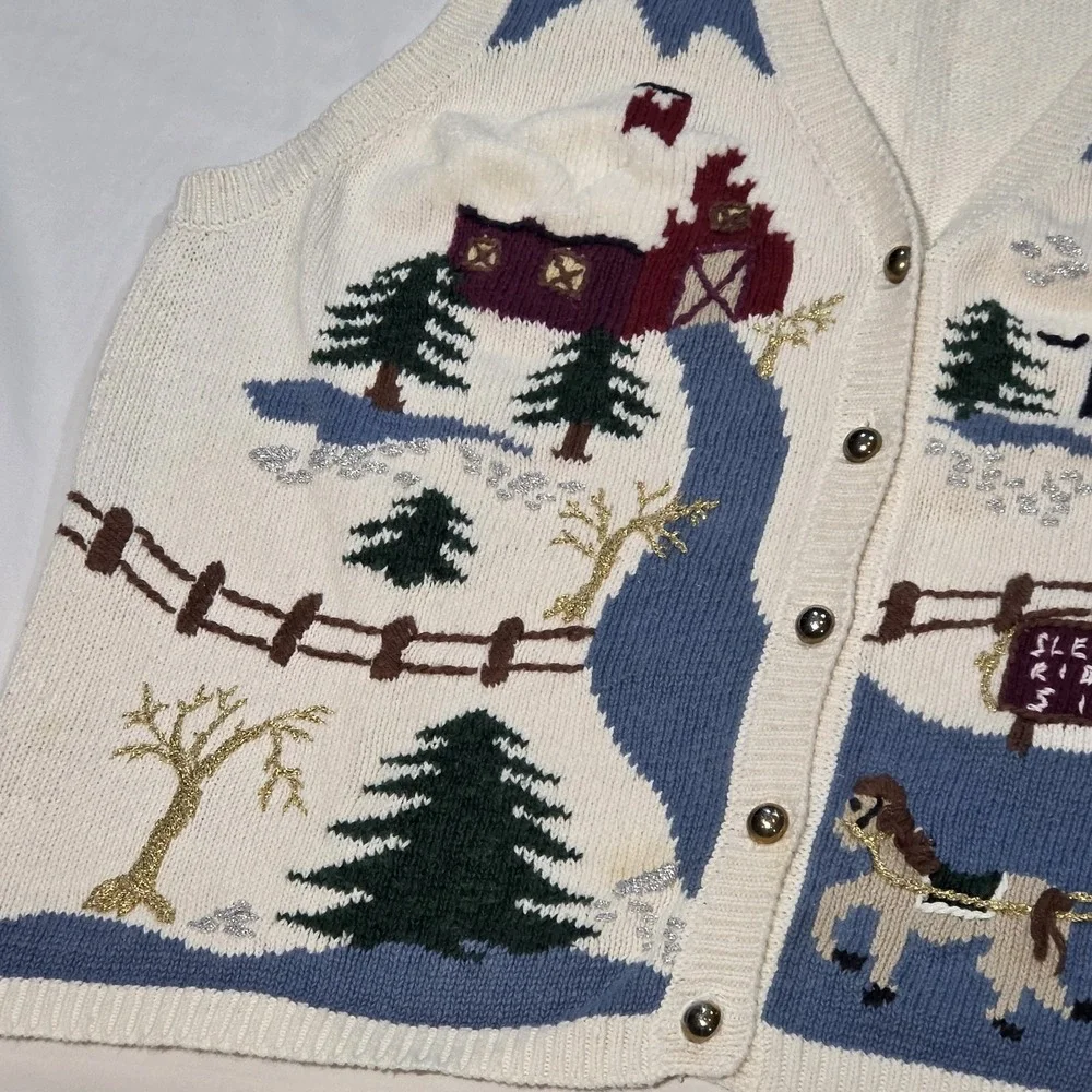 Capacity Sweater Vest Womens 2X White Winter Sleigh Ride Christmas Grandmacore